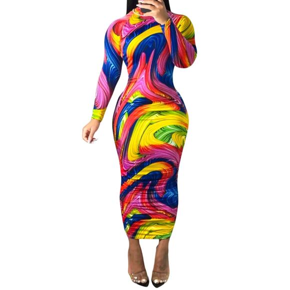 Maweii Allover Print Mock Neck Bodycon Dress size L - Picture 1 of 6